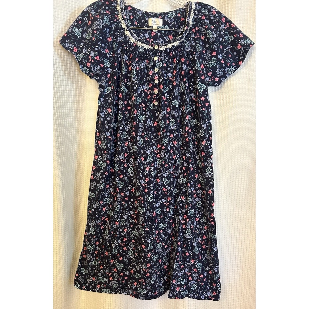 Aria Collection Dark Blue Floral Nightgown S Pockets Grandma Cottagecore Cotton